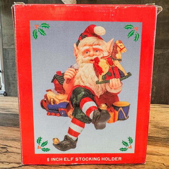Vintage Christmas Elf Santa Resin Stocking Holder w/ Original Box Whimsy Holiday - Picture 7 of 15